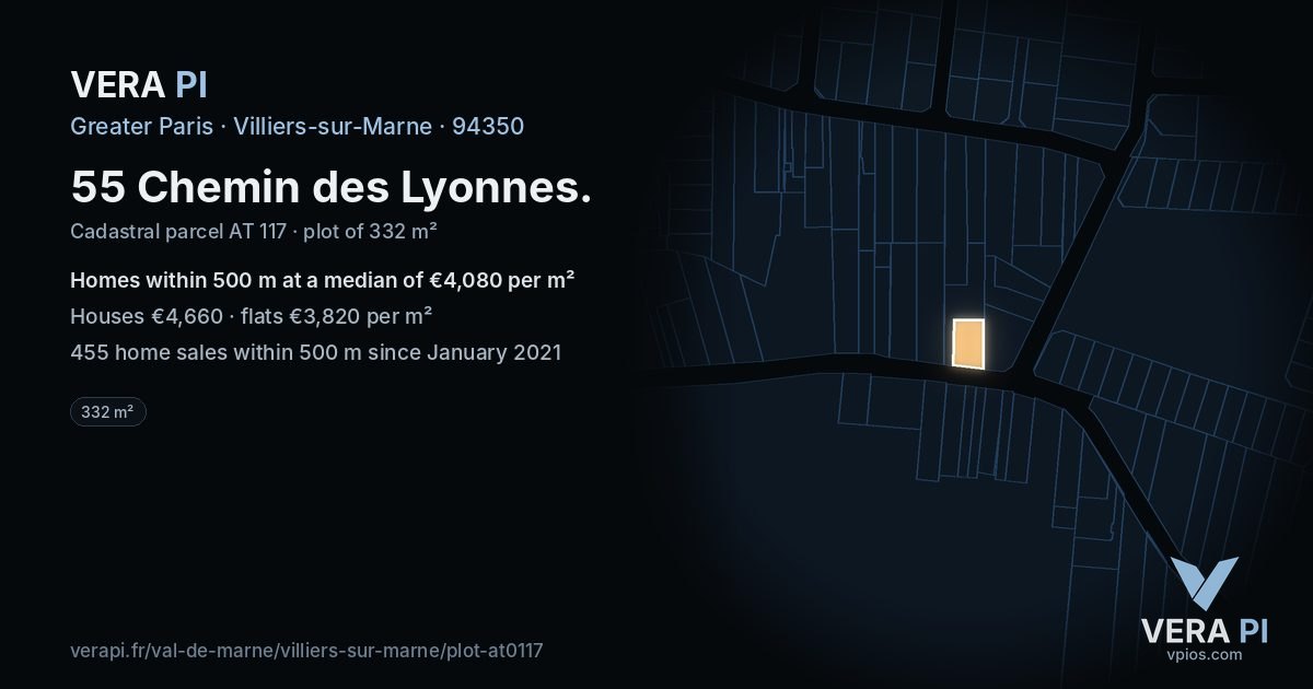 55 Chemin des Lyonnes, Villiers-sur-Marne at night – the plot lit, the parcels around coloured by the prices near them