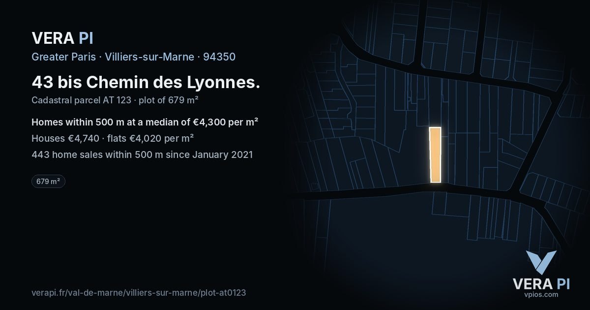 43 bis Chemin des Lyonnes, Villiers-sur-Marne at night – the plot lit, the parcels around coloured by the prices near them