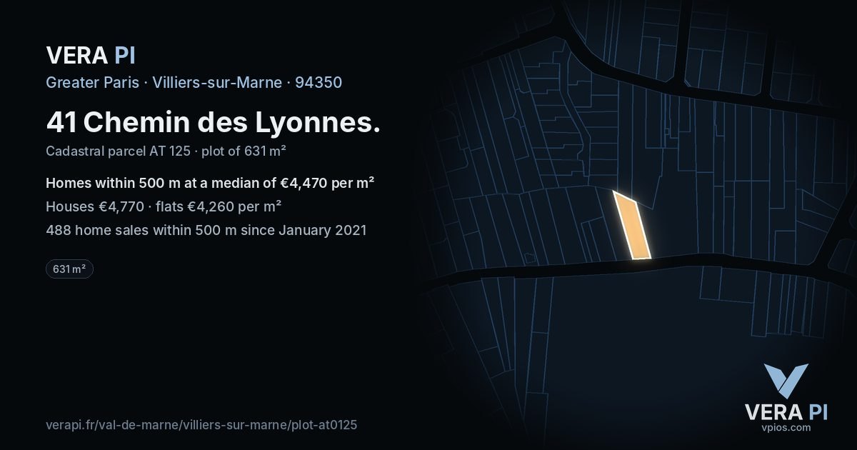 41 Chemin des Lyonnes, Villiers-sur-Marne at night – the plot lit, the parcels around coloured by the prices near them