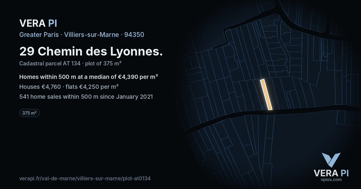 29 Chemin des Lyonnes, Villiers-sur-Marne at night – the plot lit, the parcels around coloured by the prices near them