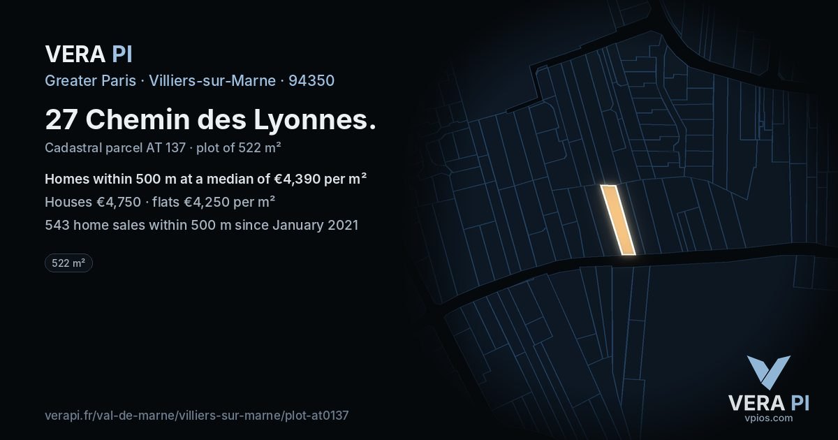 27 Chemin des Lyonnes, Villiers-sur-Marne at night – the plot lit, the parcels around coloured by the prices near them