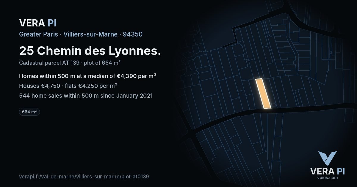 25 Chemin des Lyonnes, Villiers-sur-Marne at night – the plot lit, the parcels around coloured by the prices near them