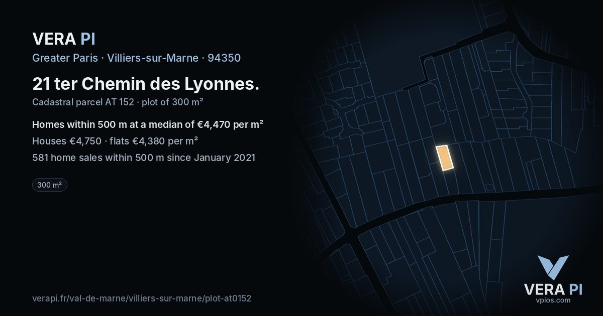 21 ter Chemin des Lyonnes, Villiers-sur-Marne at night – the plot lit, the parcels around coloured by the prices near them