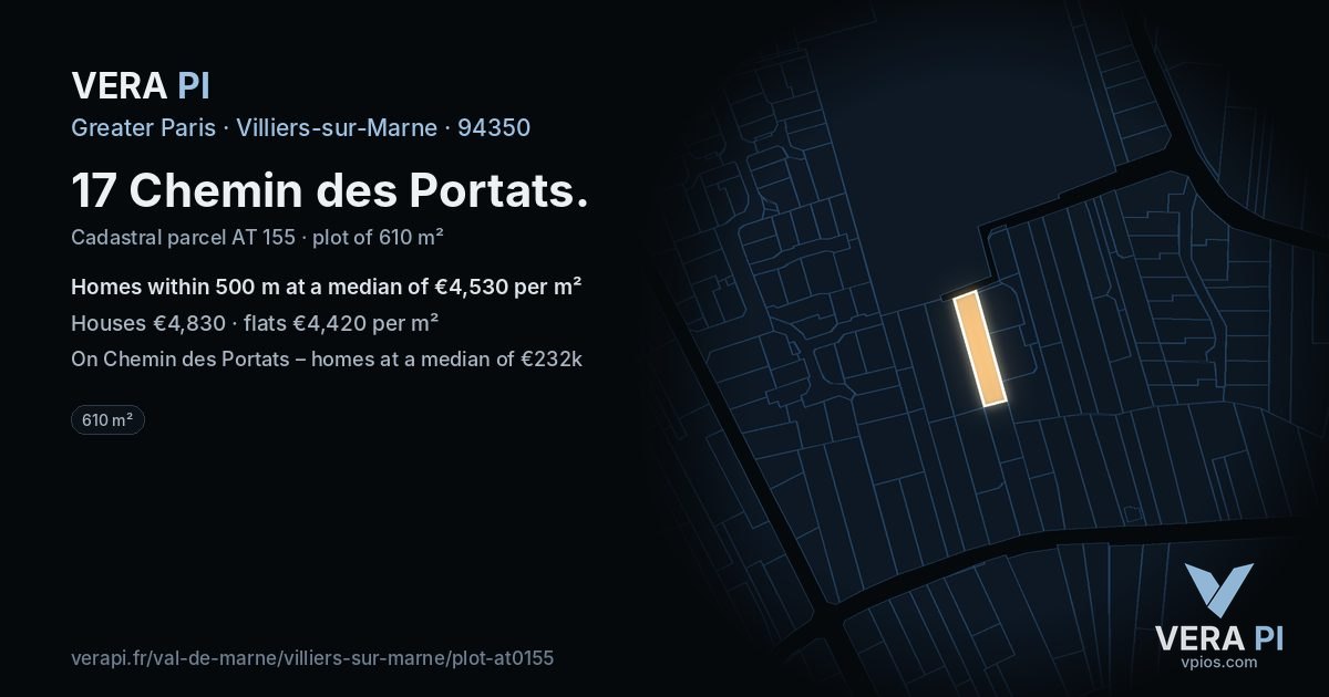 17 Chemin des Portats, Villiers-sur-Marne at night – the plot lit, the parcels around coloured by the prices near them