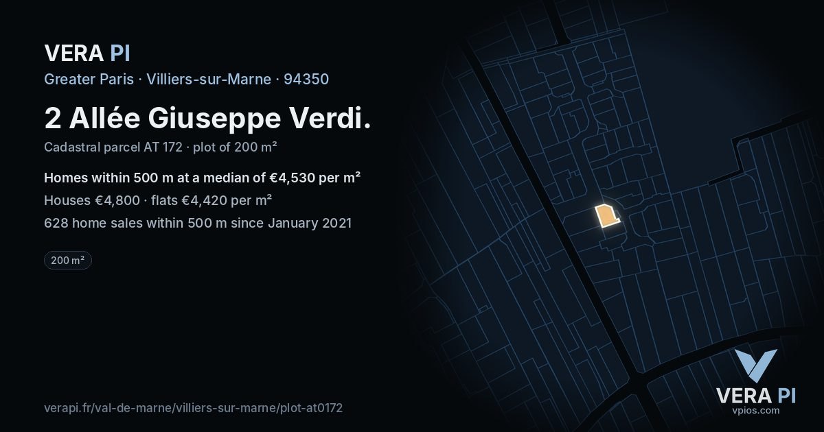 2 Allée Giuseppe Verdi, Villiers-sur-Marne at night – the plot lit, the parcels around coloured by the prices near them