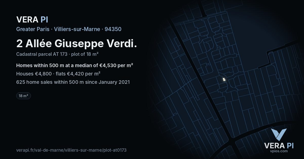 2 Allée Giuseppe Verdi, Villiers-sur-Marne at night – the plot lit, the parcels around coloured by the prices near them