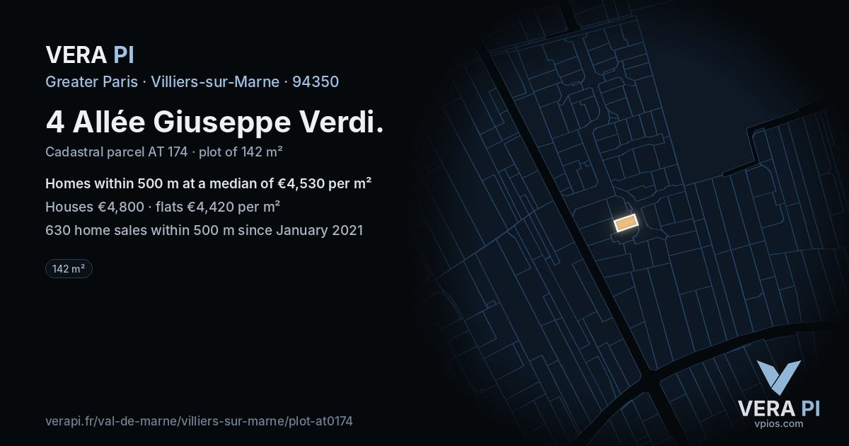 4 Allée Giuseppe Verdi, Villiers-sur-Marne at night – the plot lit, the parcels around coloured by the prices near them