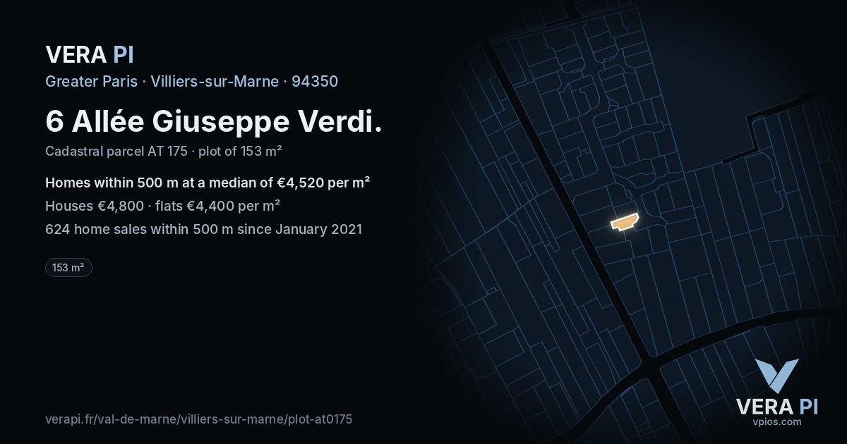 6 Allée Giuseppe Verdi, Villiers-sur-Marne at night – the plot lit, the parcels around coloured by the prices near them