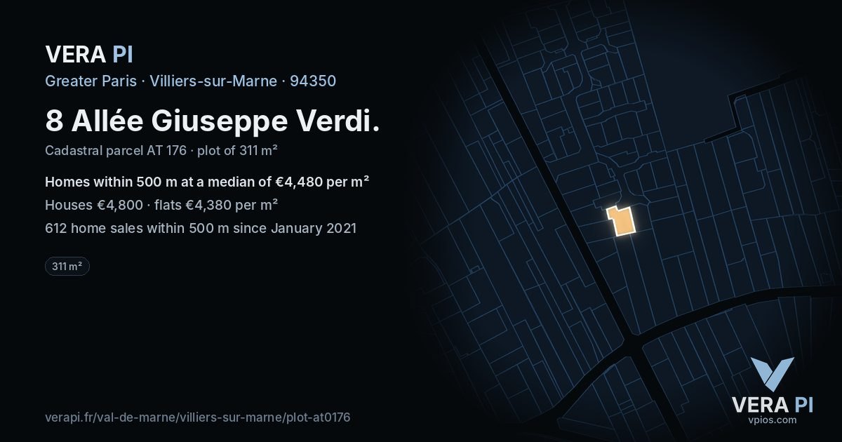 8 Allée Giuseppe Verdi, Villiers-sur-Marne at night – the plot lit, the parcels around coloured by the prices near them
