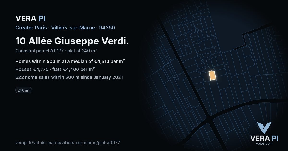 10 Allée Giuseppe Verdi, Villiers-sur-Marne at night – the plot lit, the parcels around coloured by the prices near them