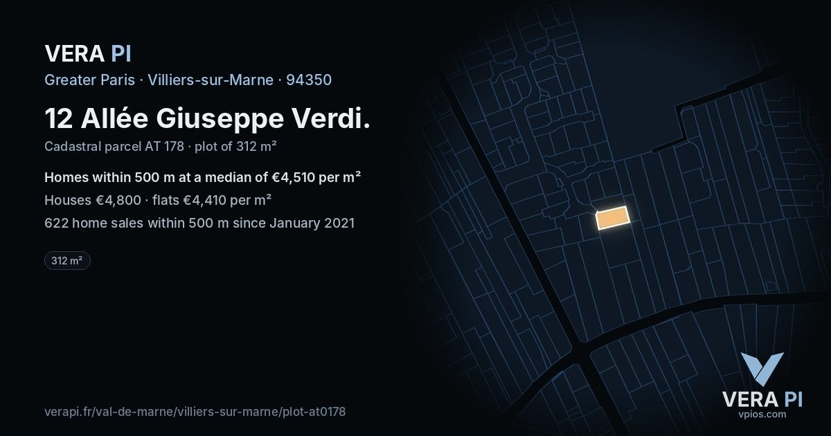 12 Allée Giuseppe Verdi, Villiers-sur-Marne at night – the plot lit, the parcels around coloured by the prices near them