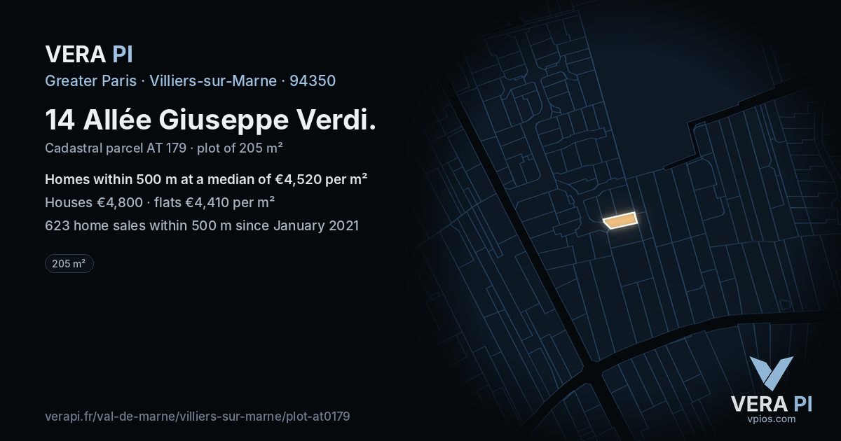 14 Allée Giuseppe Verdi, Villiers-sur-Marne at night – the plot lit, the parcels around coloured by the prices near them