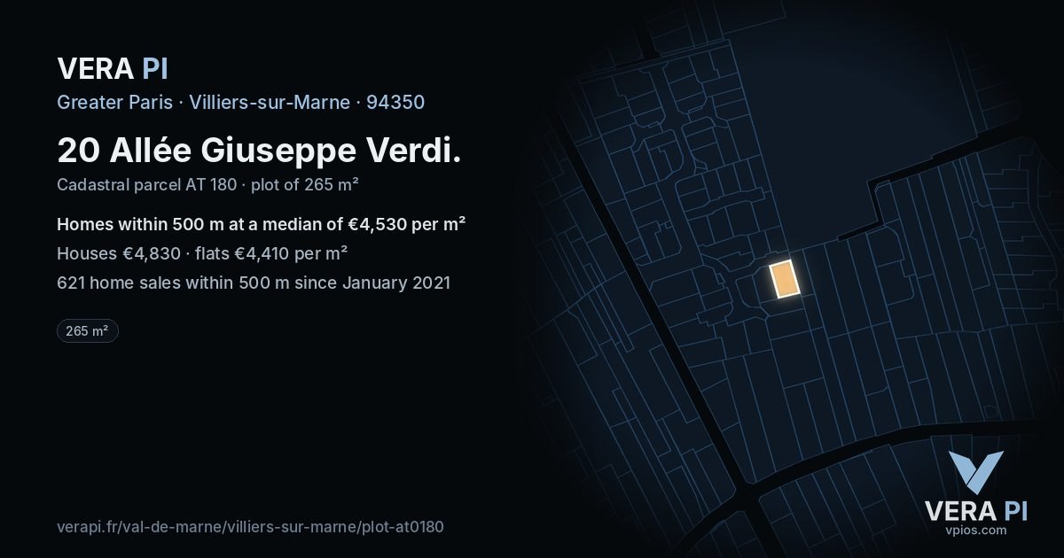 20 Allée Giuseppe Verdi, Villiers-sur-Marne at night – the plot lit, the parcels around coloured by the prices near them