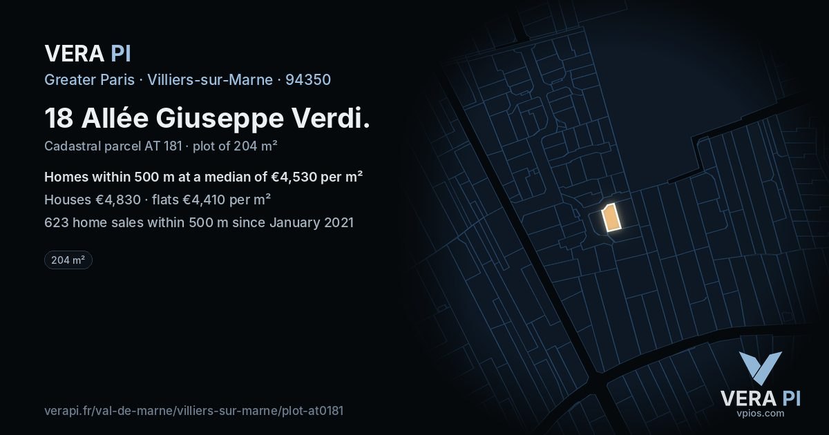 18 Allée Giuseppe Verdi, Villiers-sur-Marne at night – the plot lit, the parcels around coloured by the prices near them