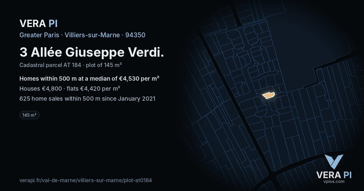3 Allée Giuseppe Verdi, Villiers-sur-Marne at night – the plot lit, the parcels around coloured by the prices near them