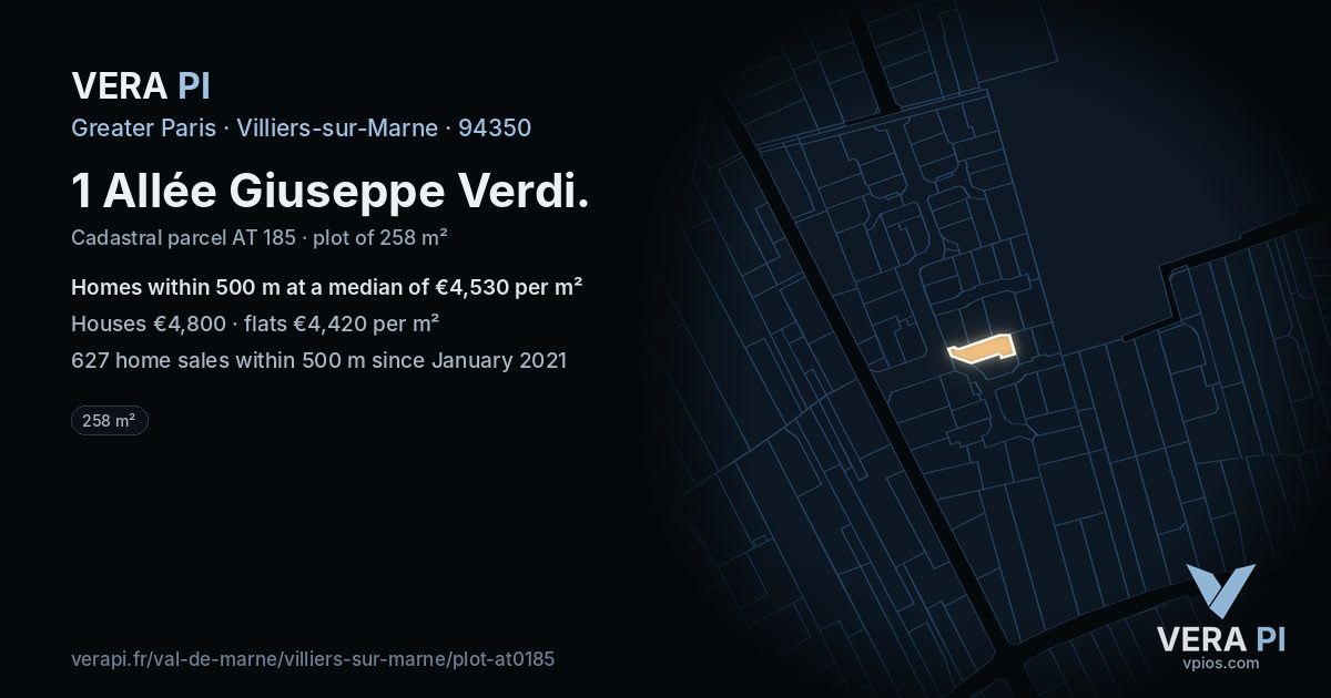 1 Allée Giuseppe Verdi, Villiers-sur-Marne at night – the plot lit, the parcels around coloured by the prices near them