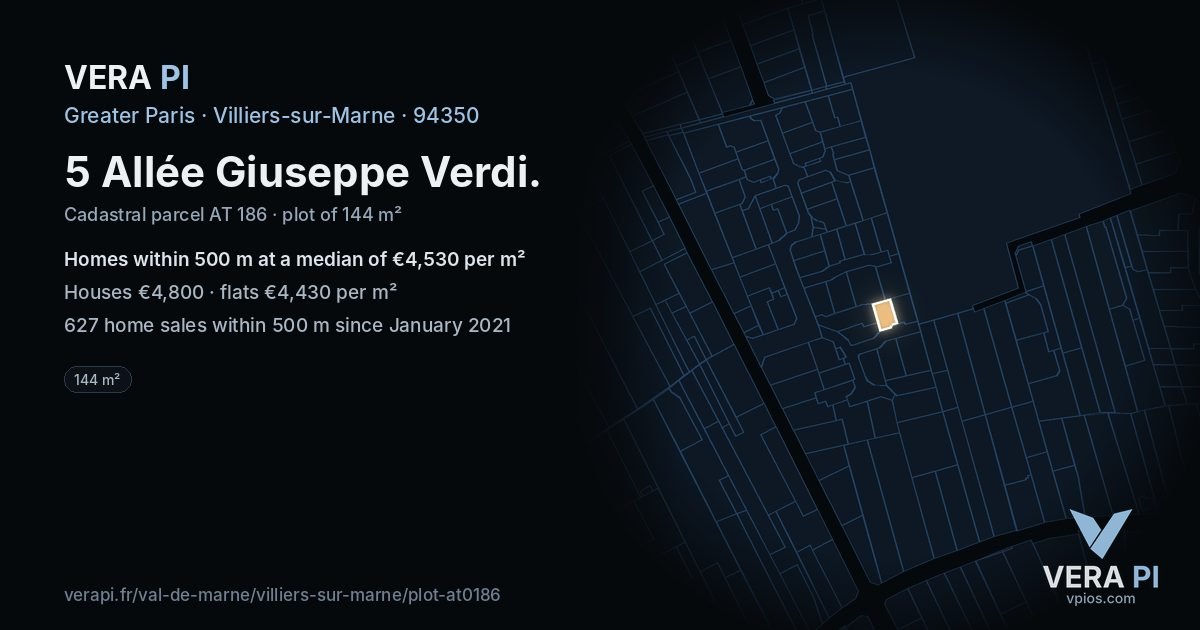 5 Allée Giuseppe Verdi, Villiers-sur-Marne at night – the plot lit, the parcels around coloured by the prices near them