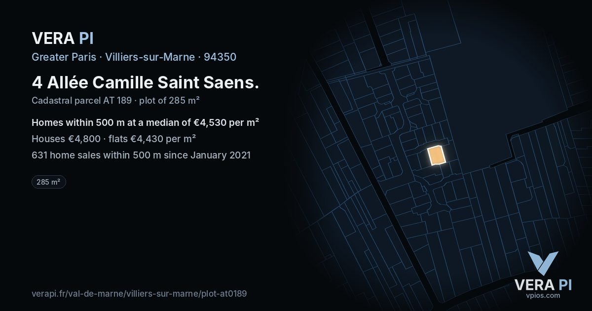 4 Allée Camille Saint Saens, Villiers-sur-Marne at night – the plot lit, the parcels around coloured by the prices near them