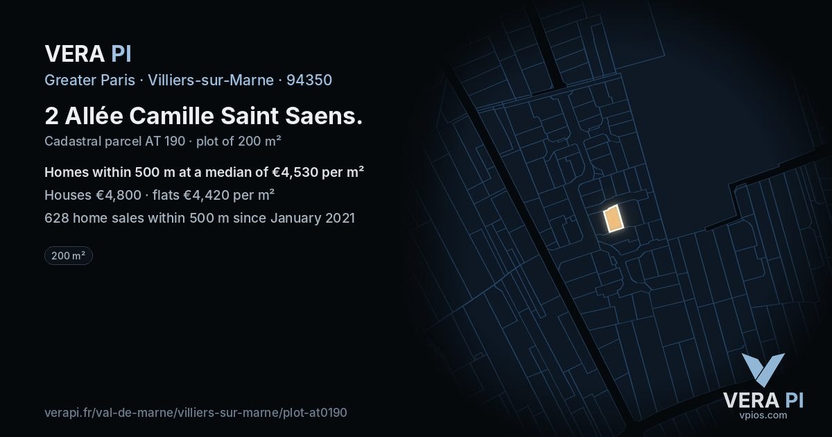 2 Allée Camille Saint Saens, Villiers-sur-Marne at night – the plot lit, the parcels around coloured by the prices near them