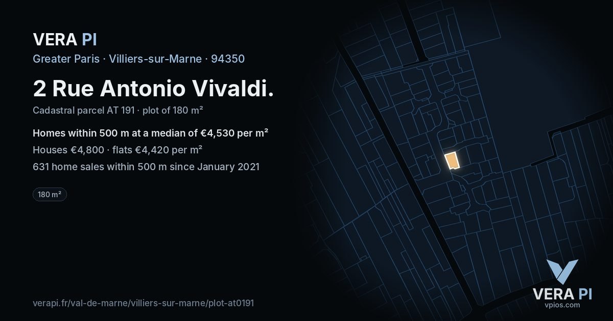 2 Rue Antonio Vivaldi, Villiers-sur-Marne at night – the plot lit, the parcels around coloured by the prices near them