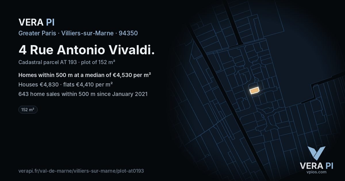 4 Rue Antonio Vivaldi, Villiers-sur-Marne at night – the plot lit, the parcels around coloured by the prices near them
