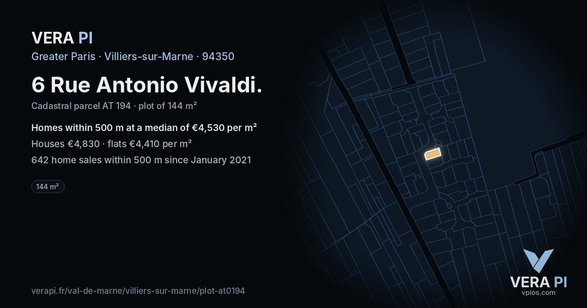 6 Rue Antonio Vivaldi, Villiers-sur-Marne at night – the plot lit, the parcels around coloured by the prices near them