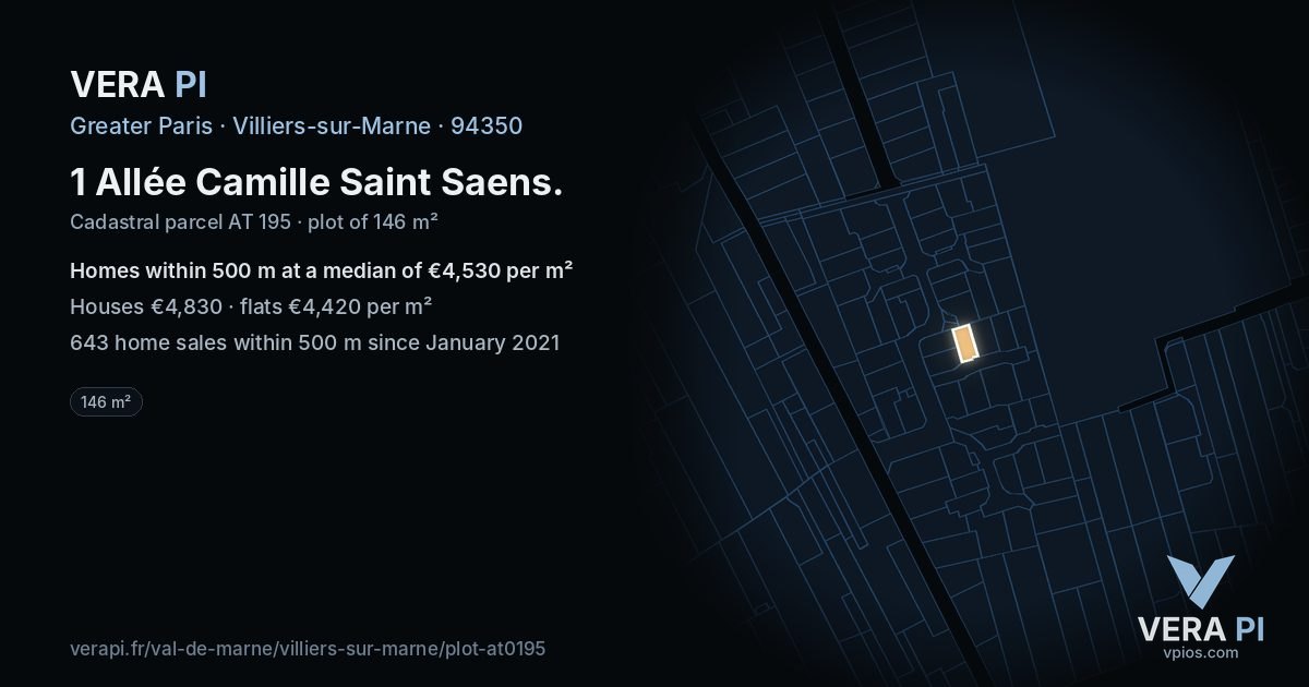 1 Allée Camille Saint Saens, Villiers-sur-Marne at night – the plot lit, the parcels around coloured by the prices near them