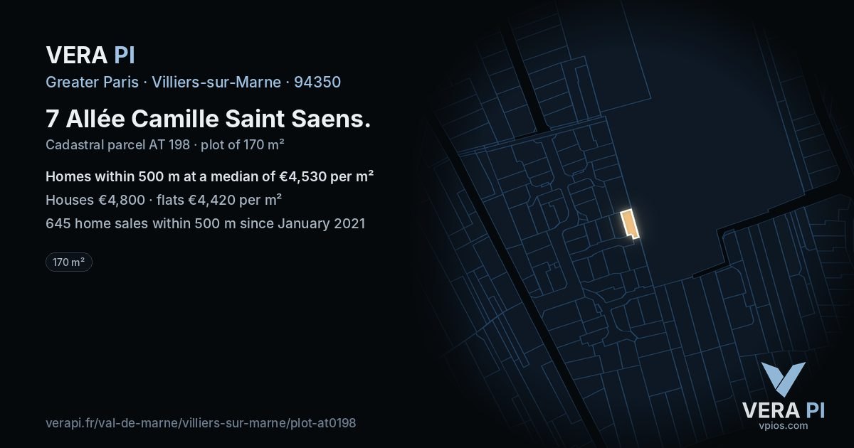 7 Allée Camille Saint Saens, Villiers-sur-Marne at night – the plot lit, the parcels around coloured by the prices near them