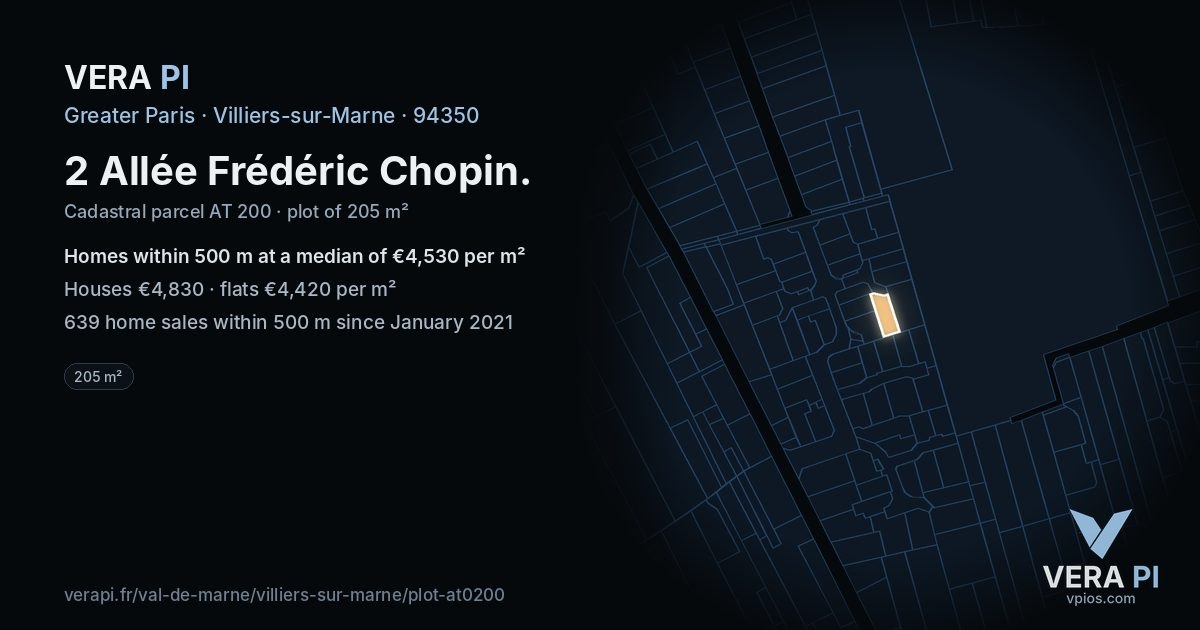 2 Allée Frédéric Chopin, Villiers-sur-Marne at night – the plot lit, the parcels around coloured by the prices near them