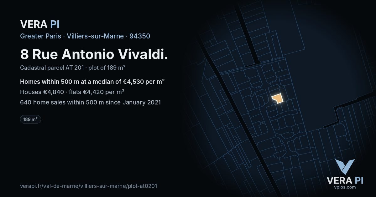 8 Rue Antonio Vivaldi, Villiers-sur-Marne at night – the plot lit, the parcels around coloured by the prices near them