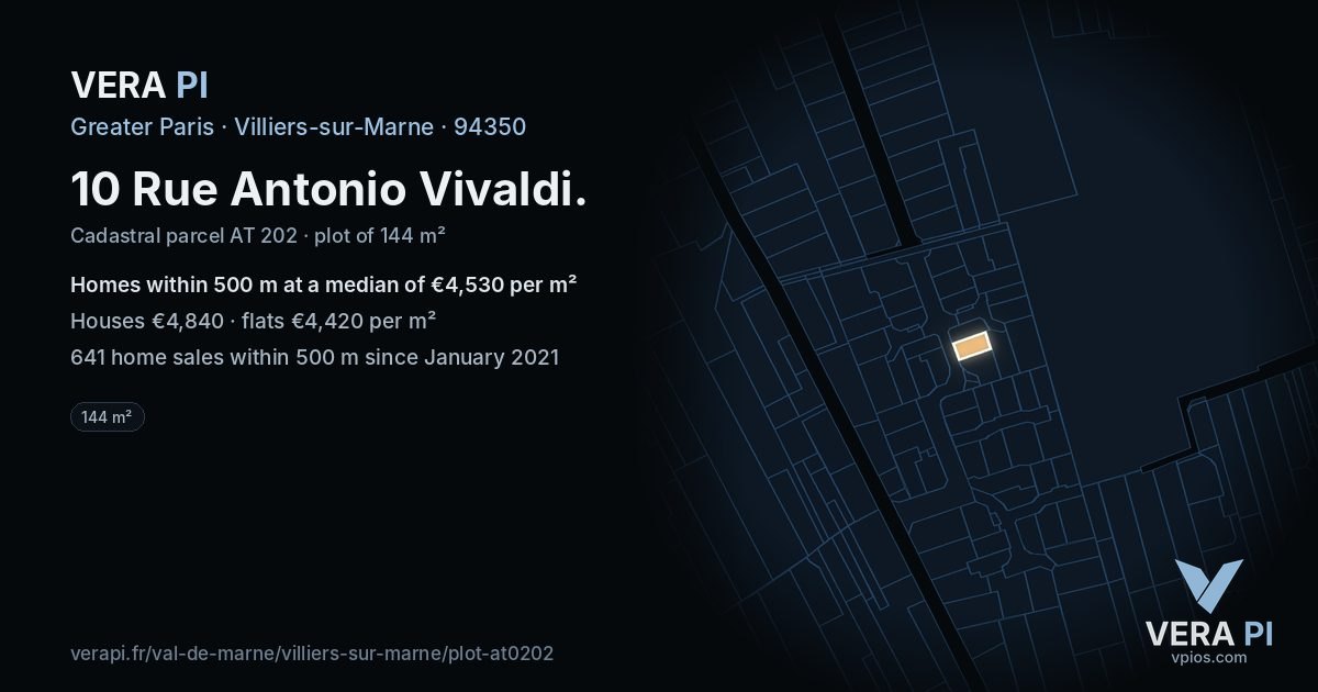 10 Rue Antonio Vivaldi, Villiers-sur-Marne at night – the plot lit, the parcels around coloured by the prices near them