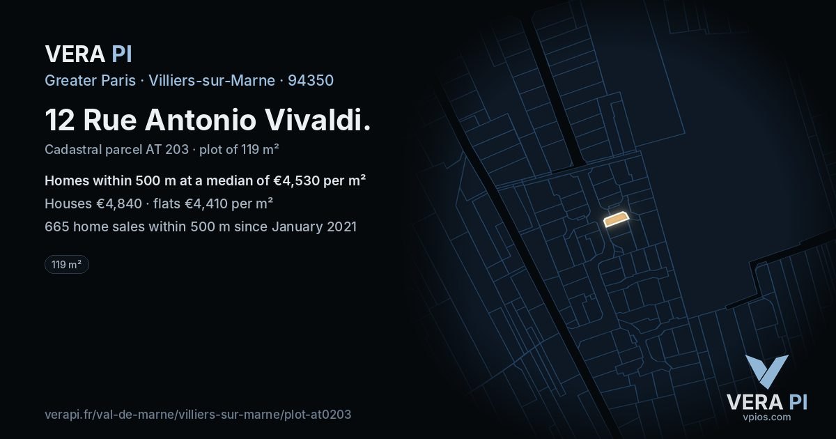 12 Rue Antonio Vivaldi, Villiers-sur-Marne at night – the plot lit, the parcels around coloured by the prices near them