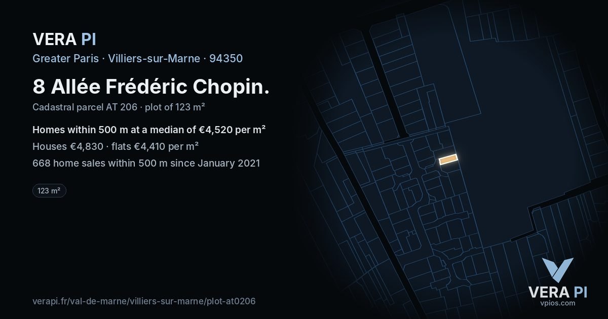 8 Allée Frédéric Chopin, Villiers-sur-Marne at night – the plot lit, the parcels around coloured by the prices near them