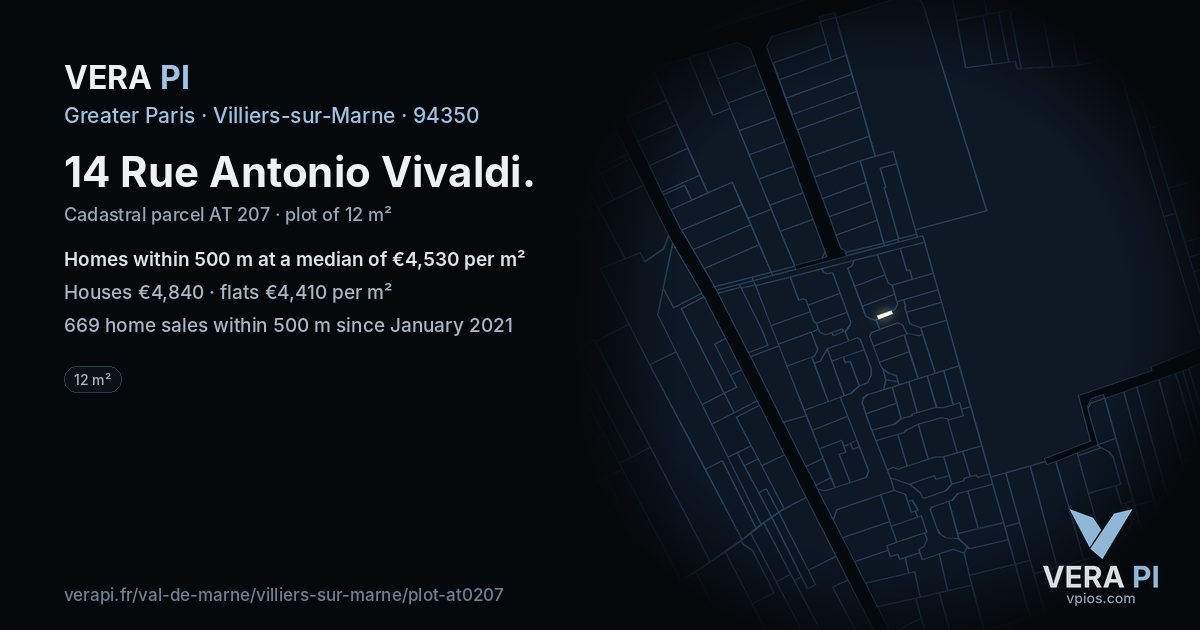 14 Rue Antonio Vivaldi, Villiers-sur-Marne at night – the plot lit, the parcels around coloured by the prices near them