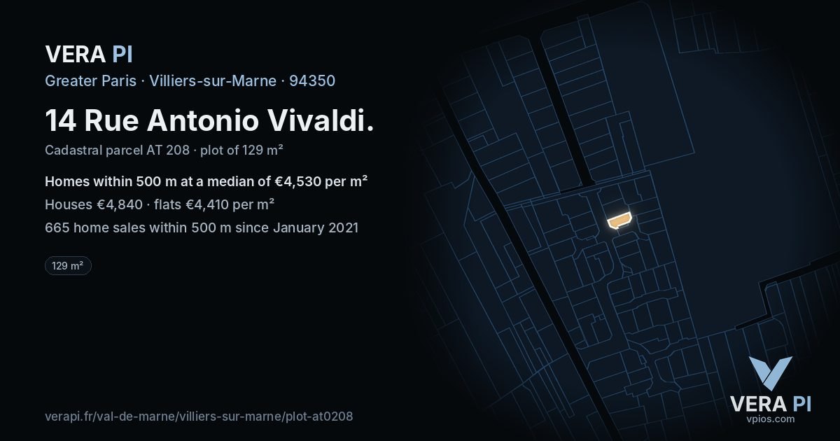 14 Rue Antonio Vivaldi, Villiers-sur-Marne at night – the plot lit, the parcels around coloured by the prices near them