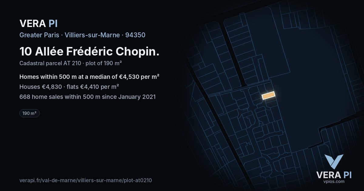10 Allée Frédéric Chopin, Villiers-sur-Marne at night – the plot lit, the parcels around coloured by the prices near them
