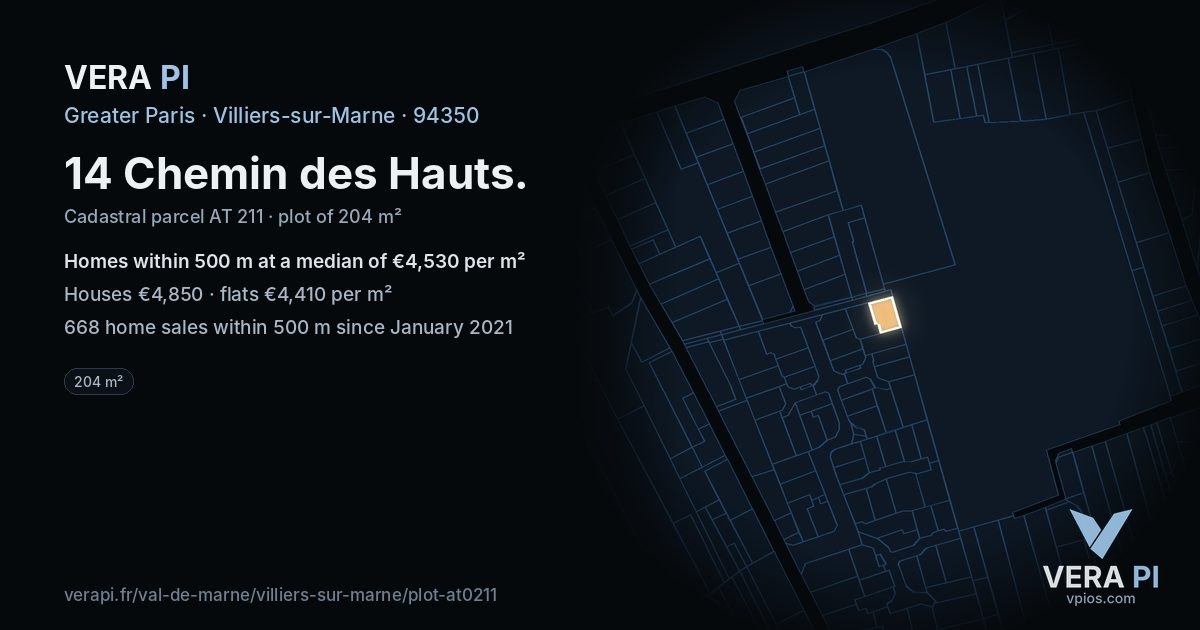 14 Chemin des Hauts, Villiers-sur-Marne at night – the plot lit, the parcels around coloured by the prices near them