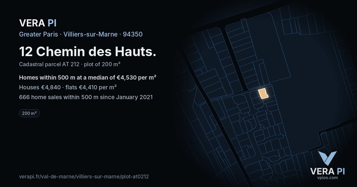 12 Chemin des Hauts, Villiers-sur-Marne at night – the plot lit, the parcels around coloured by the prices near them