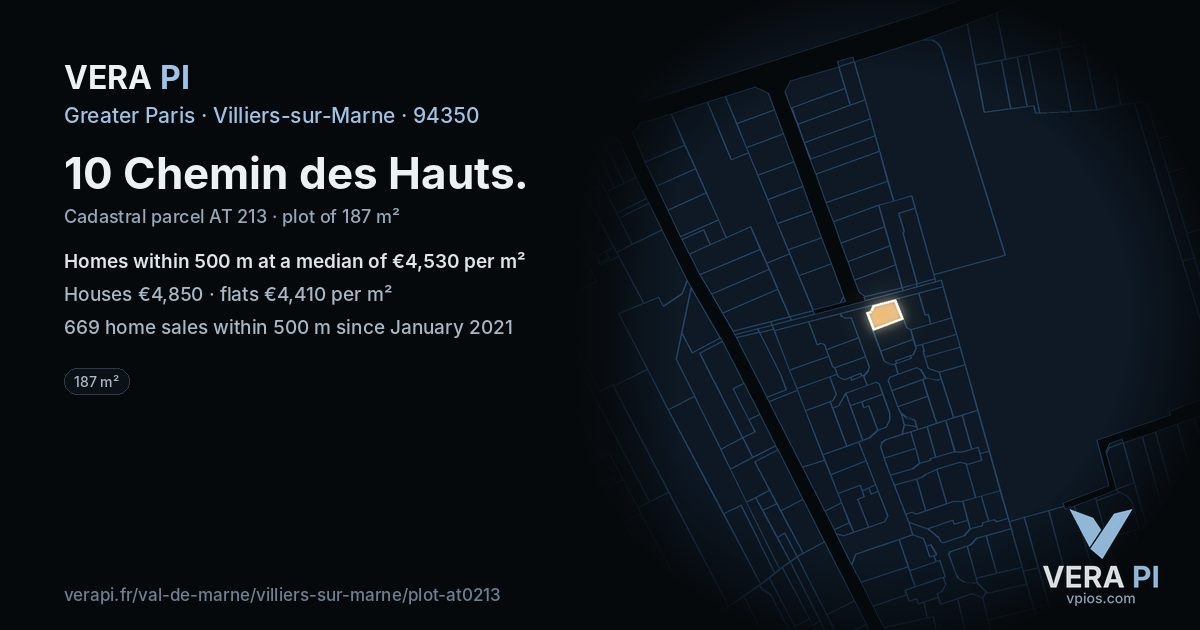 10 Chemin des Hauts, Villiers-sur-Marne at night – the plot lit, the parcels around coloured by the prices near them