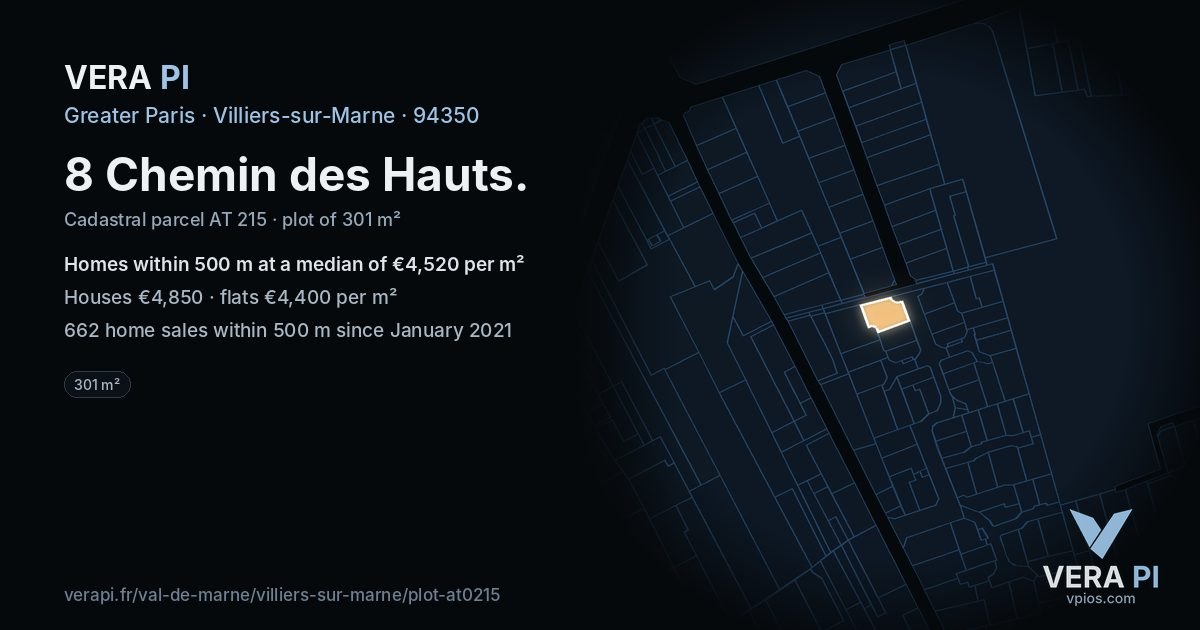 8 Chemin des Hauts, Villiers-sur-Marne at night – the plot lit, the parcels around coloured by the prices near them