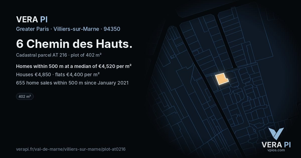 6 Chemin des Hauts, Villiers-sur-Marne at night – the plot lit, the parcels around coloured by the prices near them