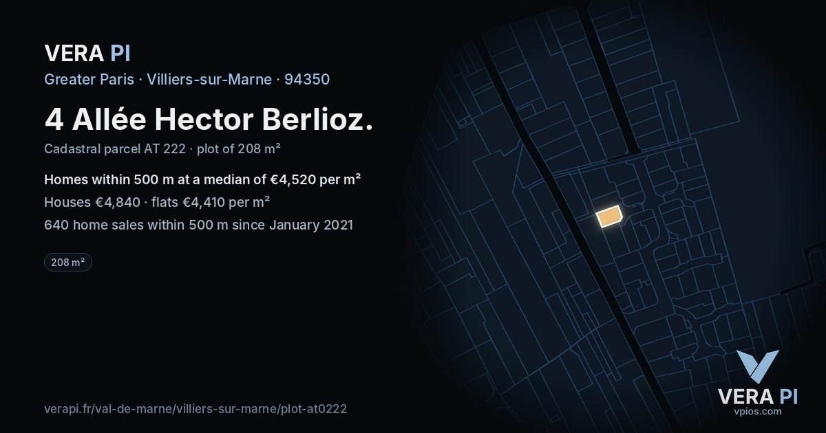 4 Allée Hector Berlioz, Villiers-sur-Marne at night – the plot lit, the parcels around coloured by the prices near them