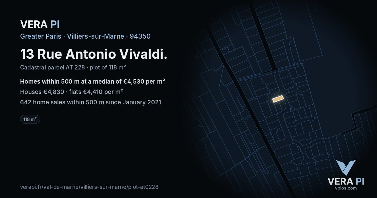 13 Rue Antonio Vivaldi, Villiers-sur-Marne at night – the plot lit, the parcels around coloured by the prices near them