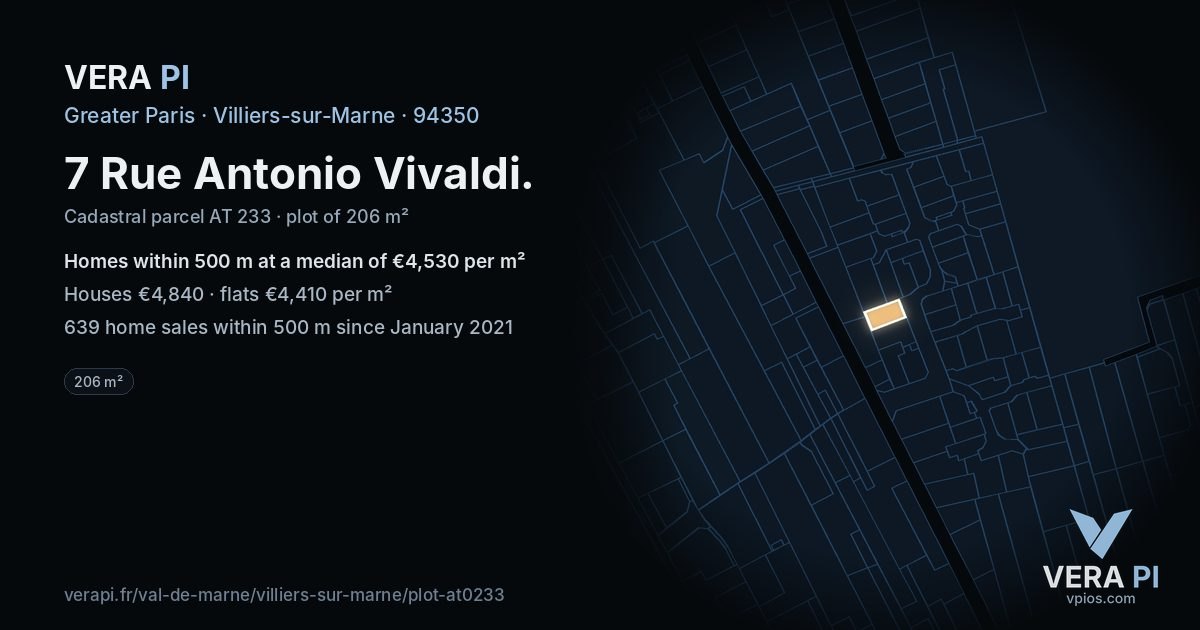 7 Rue Antonio Vivaldi, Villiers-sur-Marne at night – the plot lit, the parcels around coloured by the prices near them