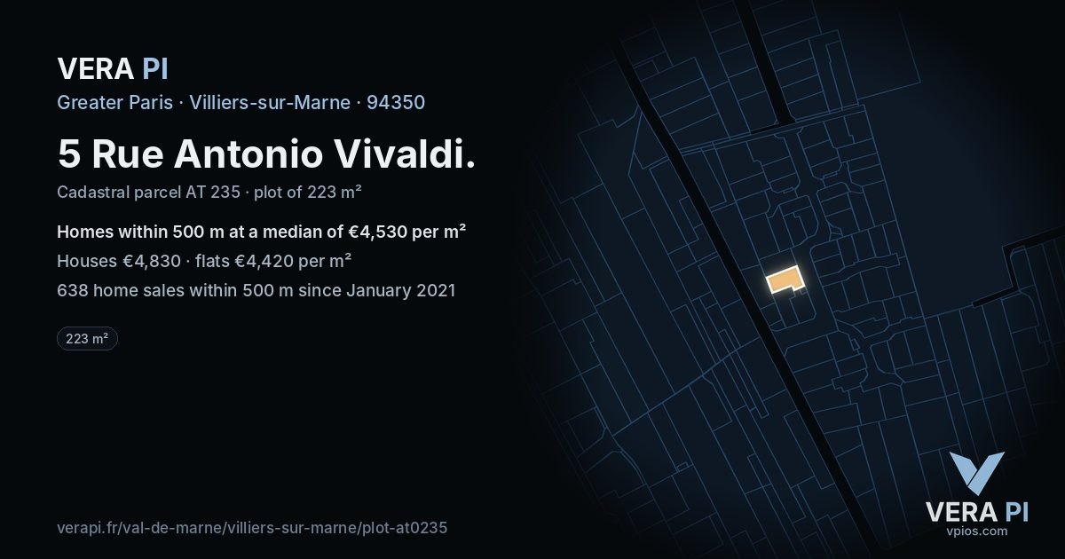 5 Rue Antonio Vivaldi, Villiers-sur-Marne at night – the plot lit, the parcels around coloured by the prices near them