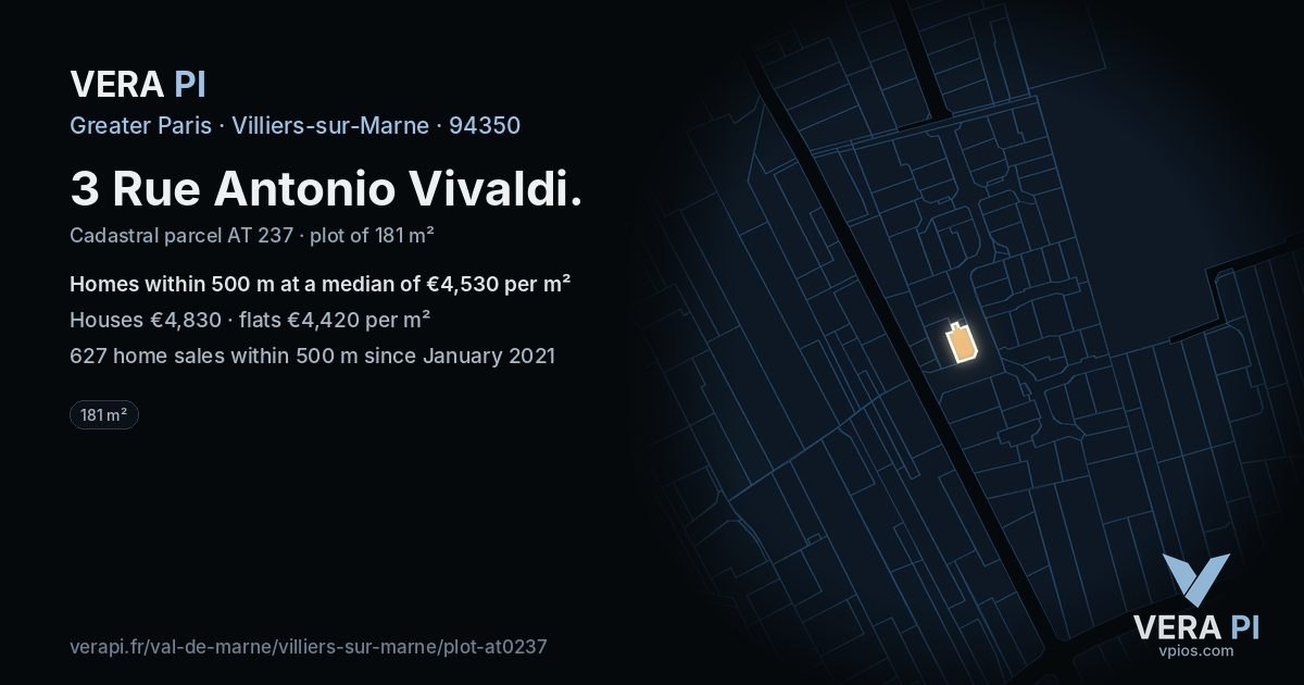 3 Rue Antonio Vivaldi, Villiers-sur-Marne at night – the plot lit, the parcels around coloured by the prices near them