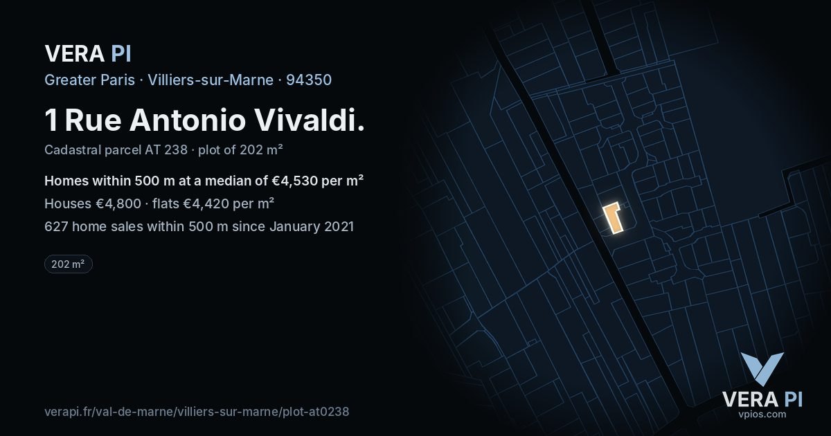1 Rue Antonio Vivaldi, Villiers-sur-Marne at night – the plot lit, the parcels around coloured by the prices near them