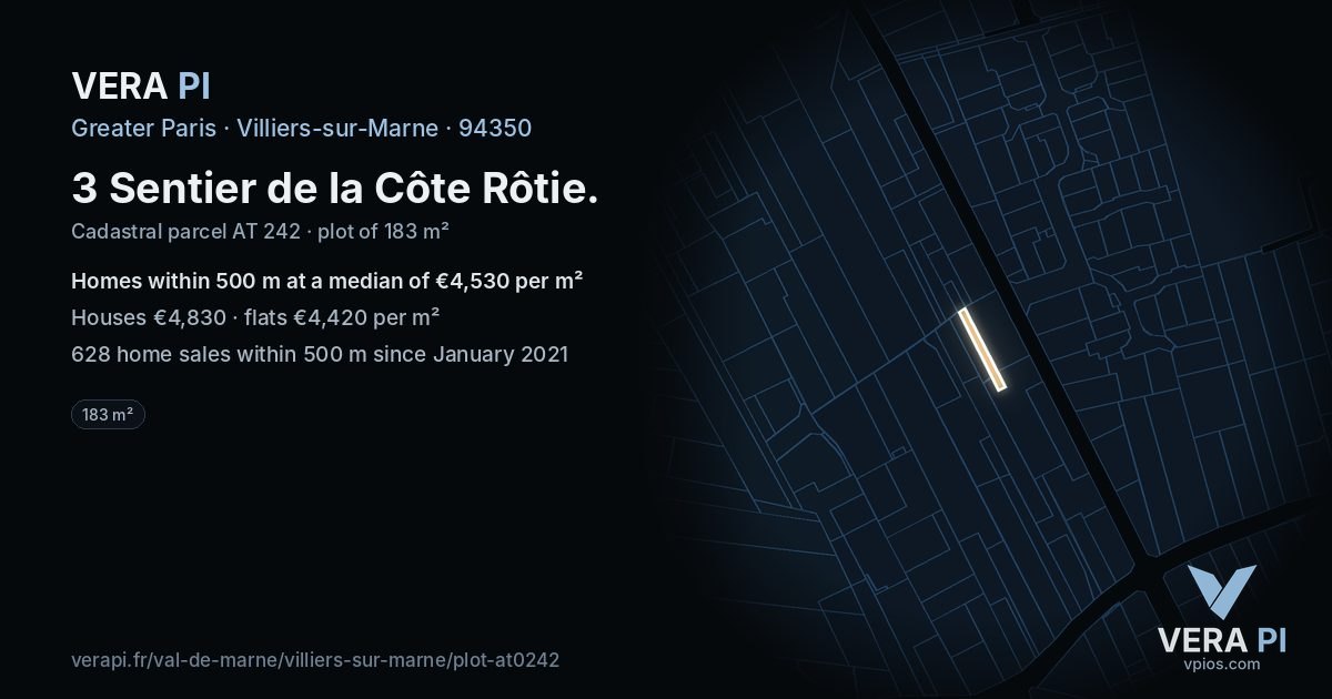 3 Sentier de la Côte Rôtie, Villiers-sur-Marne at night – the plot lit, the parcels around coloured by the prices near them