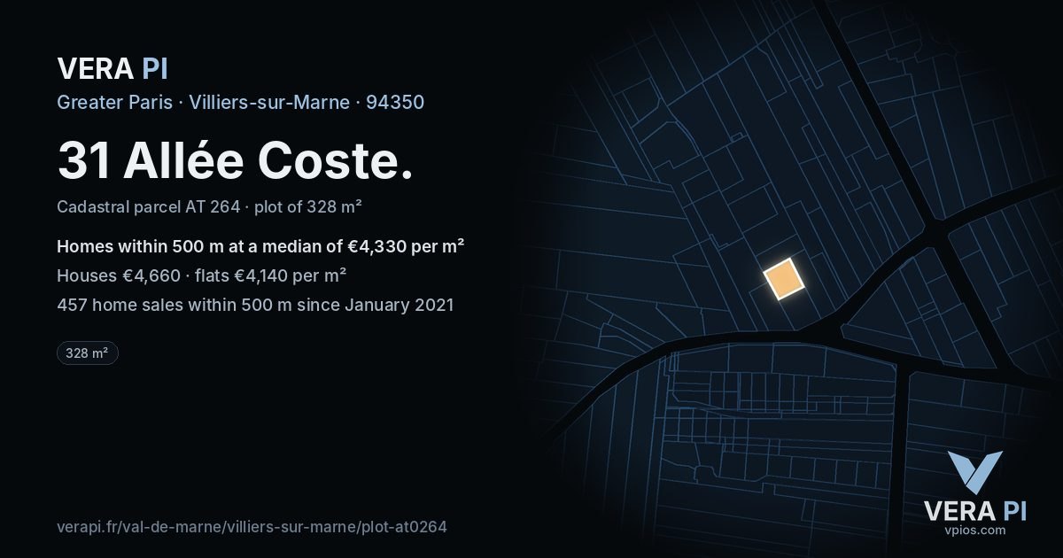 31 Allée Coste, Villiers-sur-Marne at night – the plot lit, the parcels around coloured by the prices near them