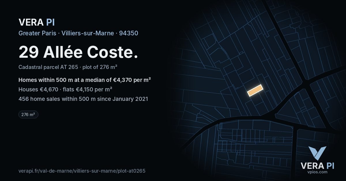 29 Allée Coste, Villiers-sur-Marne at night – the plot lit, the parcels around coloured by the prices near them